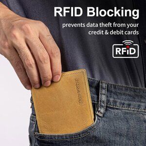 NWT Montana West Men's Crazy Horse Leather Slim Bifold RFID Wallet, Lt. Brown